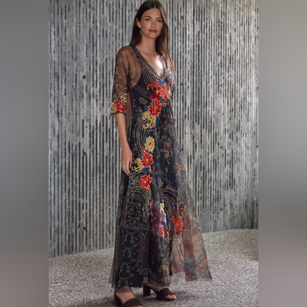 Johnny Was Biya Size Medium Floral Embroidered Mesh Two Piece Kyler Dress